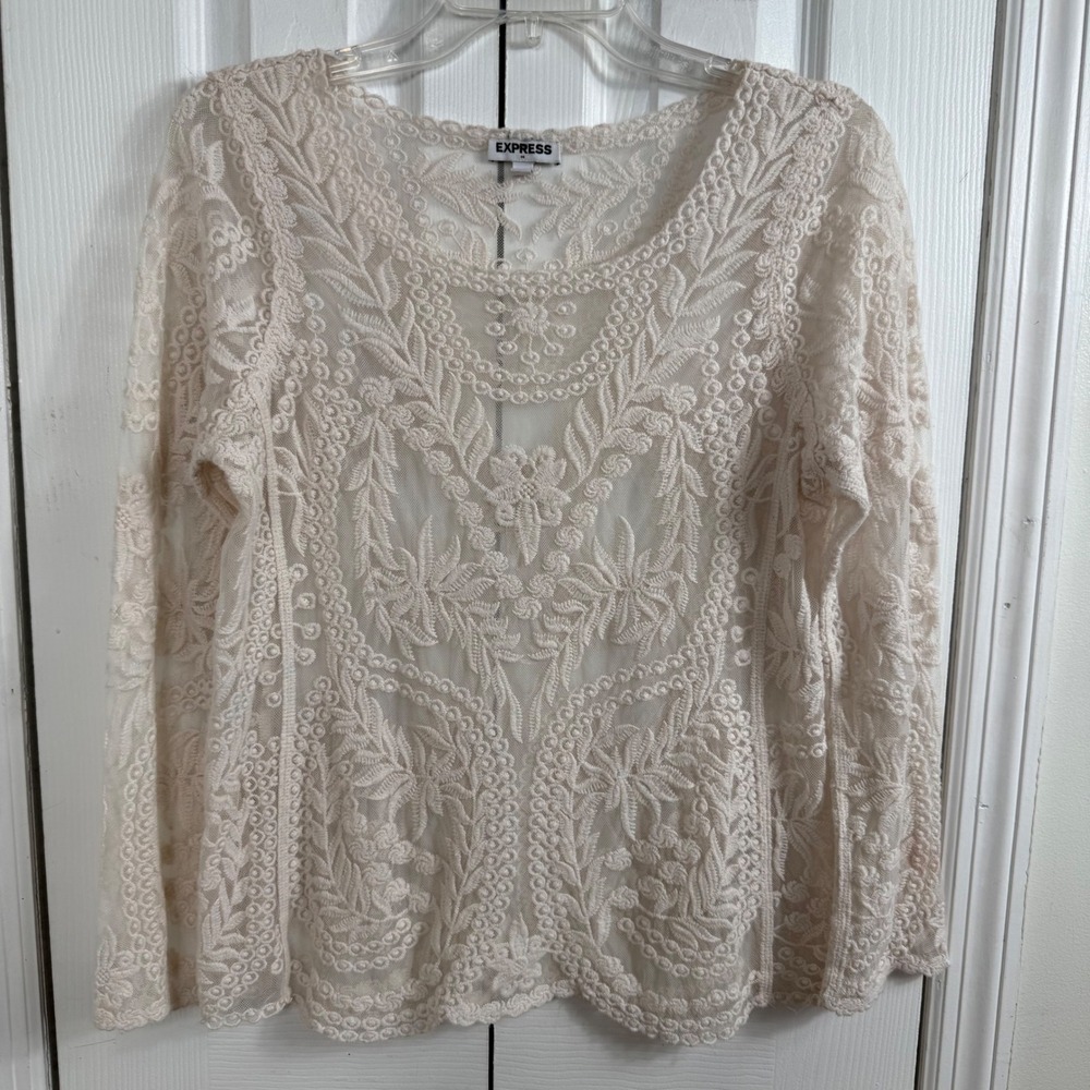 Express Floral Embroidered Lace Top Size M Cream Cottagecore Boho Sheer Mesh